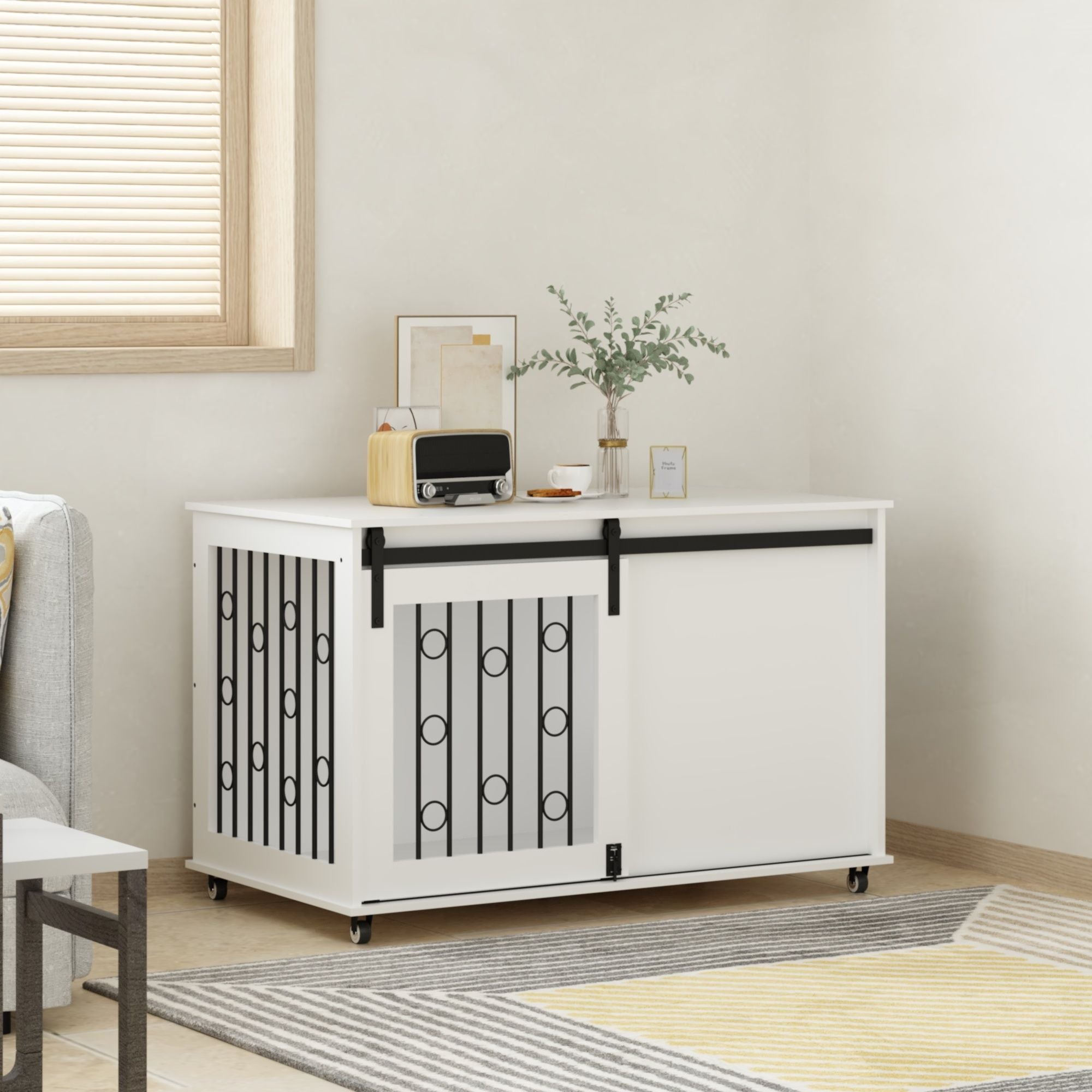 Dog Crate With Sliding Barn Door And Side Access, Lockable Wheels For Small To Medium Dogs - White