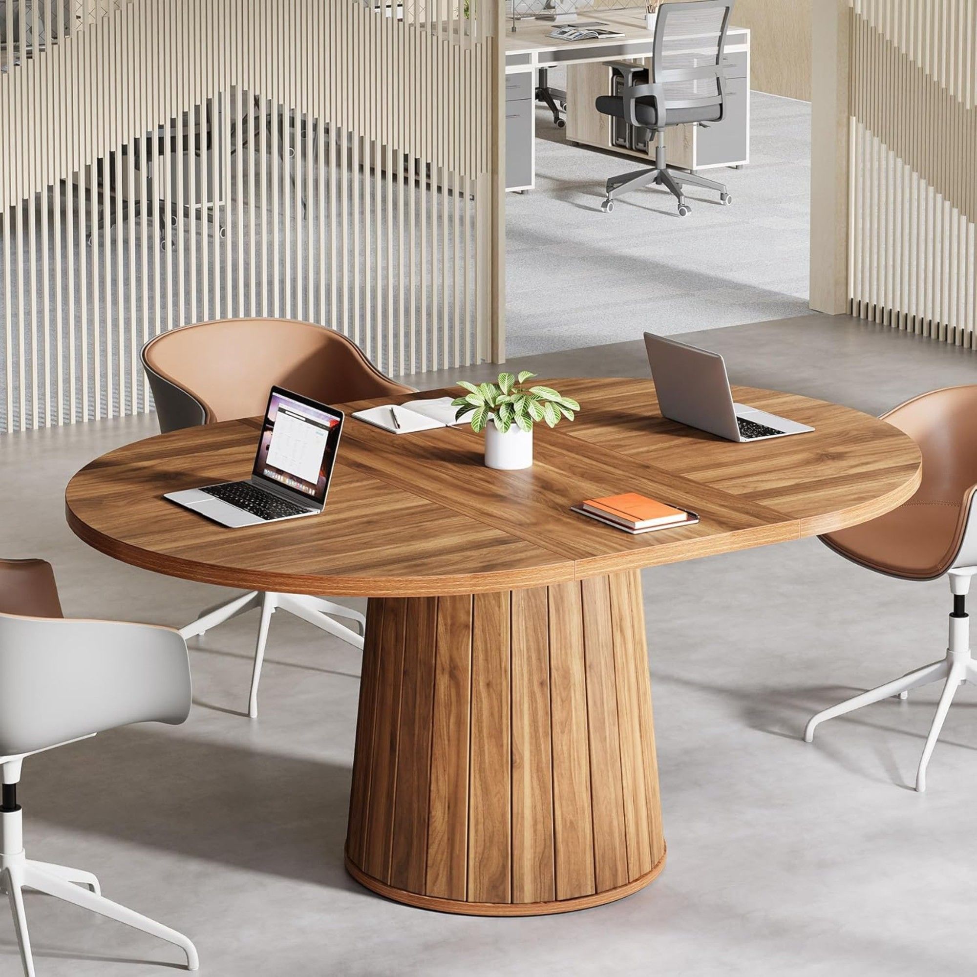 Oval Conference Table, Meeting Room Table With Cylindrical Base - Brown