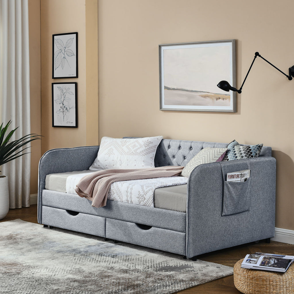 Daybed With Trundle And Storage Drawers, Flat Arms With Pocket