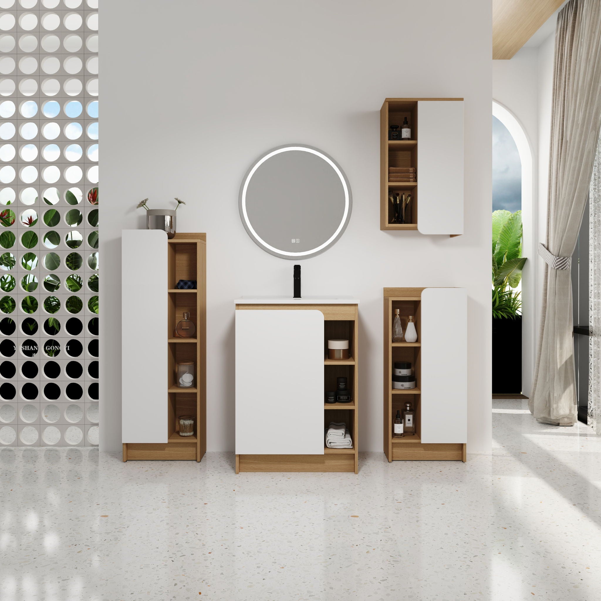 4 Piece Bathroom Vanity Set With Sink, Vanity Combo With Storage Cabinets - Black / Light Oak / White