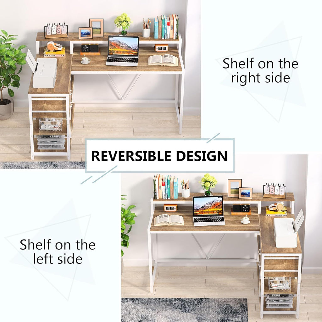 L-Shaped Home Office Desk With Monitor Riser, Drawers, And Storage Shelves
