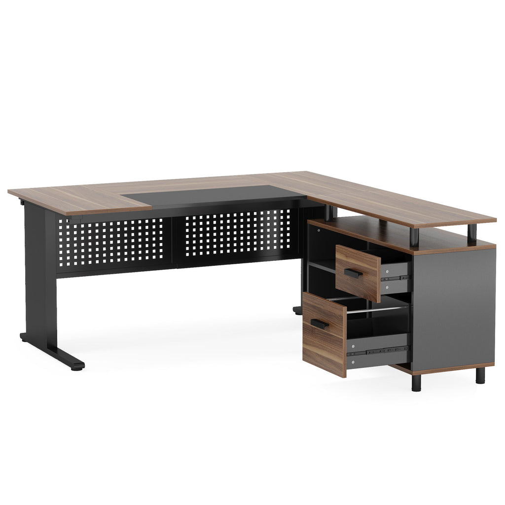 L-Shaped Executive Desk With File Cabinet, Office Workstation With Drawers, Shelves & Storage