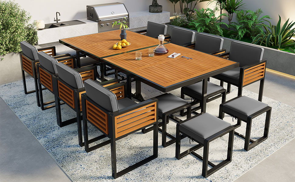 Acacia Wood Patio Dining Set, Cushioned Chairs & Ottomans Square Table