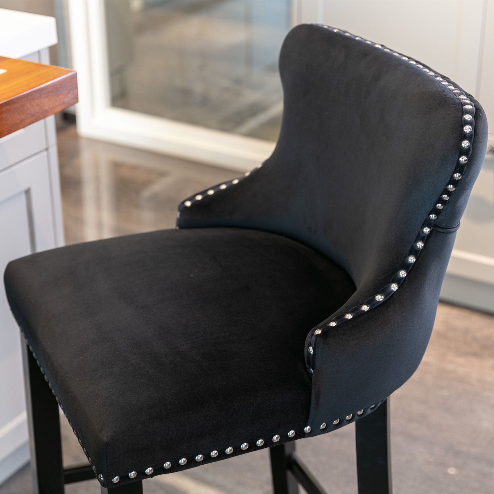 Contemporary Upholstered Wing-Back Barstools With Button Tufted Decoration And Wooden Legs, And Nailhead Trim, Leisure Style Bar Chairs, Bar Stools (Set of 2)