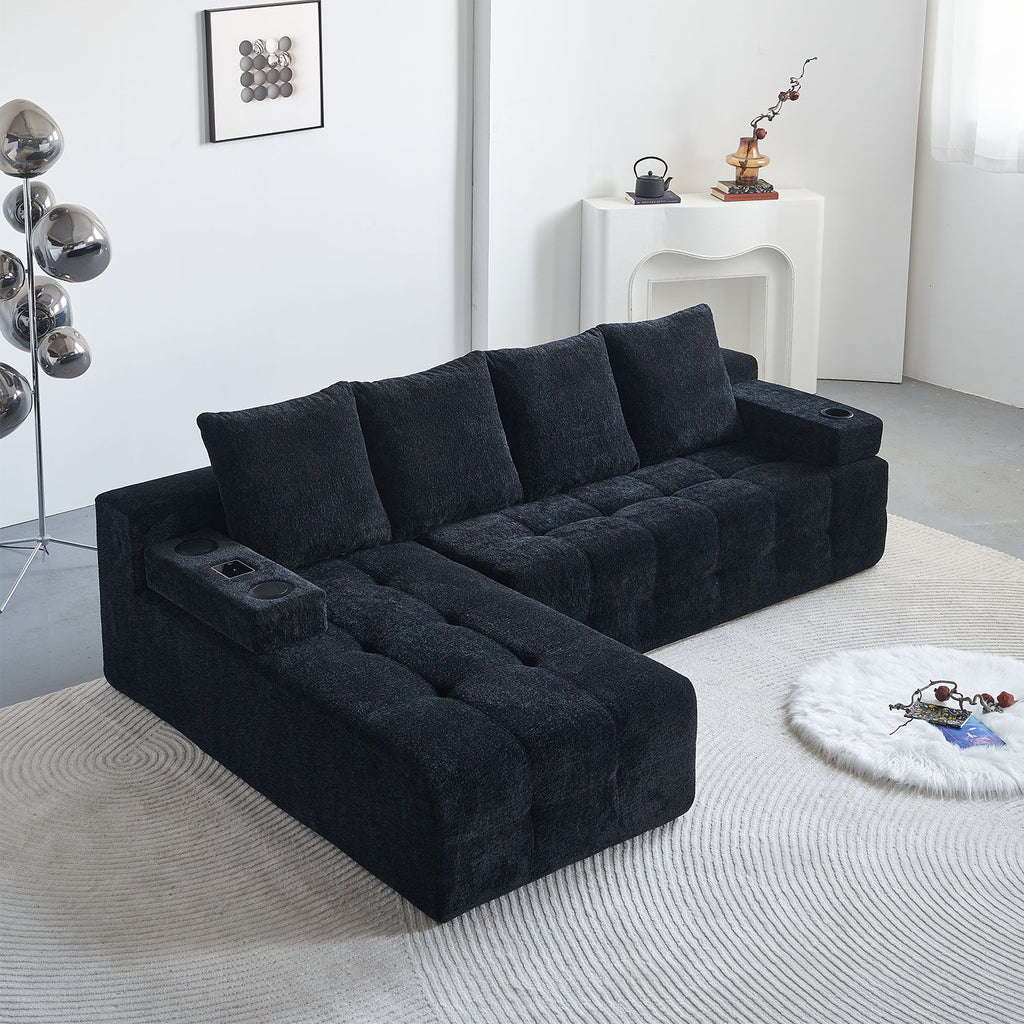 L - Shaped Sectional Sofa With Side Pockets, Wireless Charging, USB Ports, Cup Holder, Bluetooth Speaker, Reversible Lounge Chaise - Black