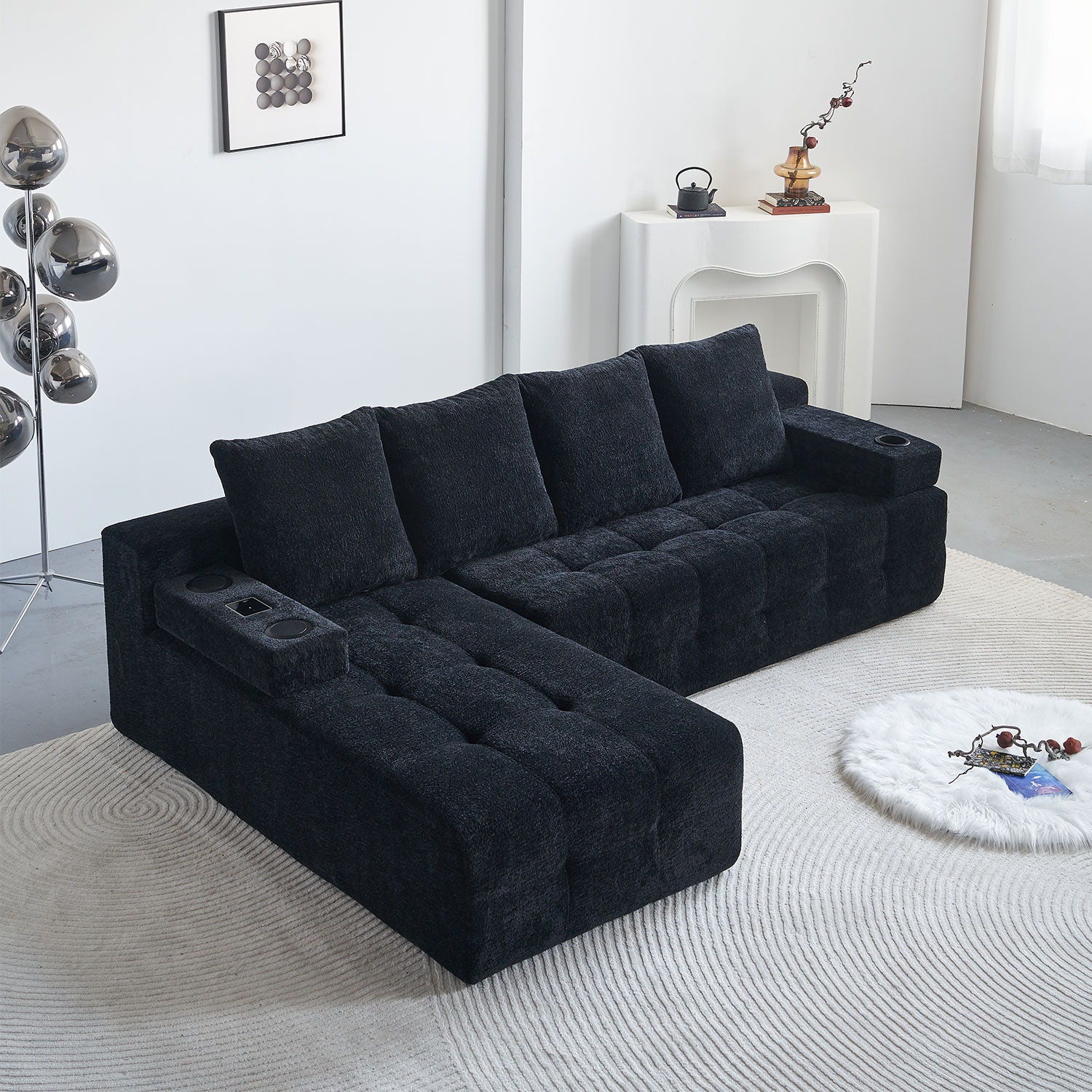L - Shaped Sectional Sofa With Side Pockets, Wireless Charging, USB Ports, Cup Holder, Bluetooth Speaker, Reversible Lounge Chaise - Black
