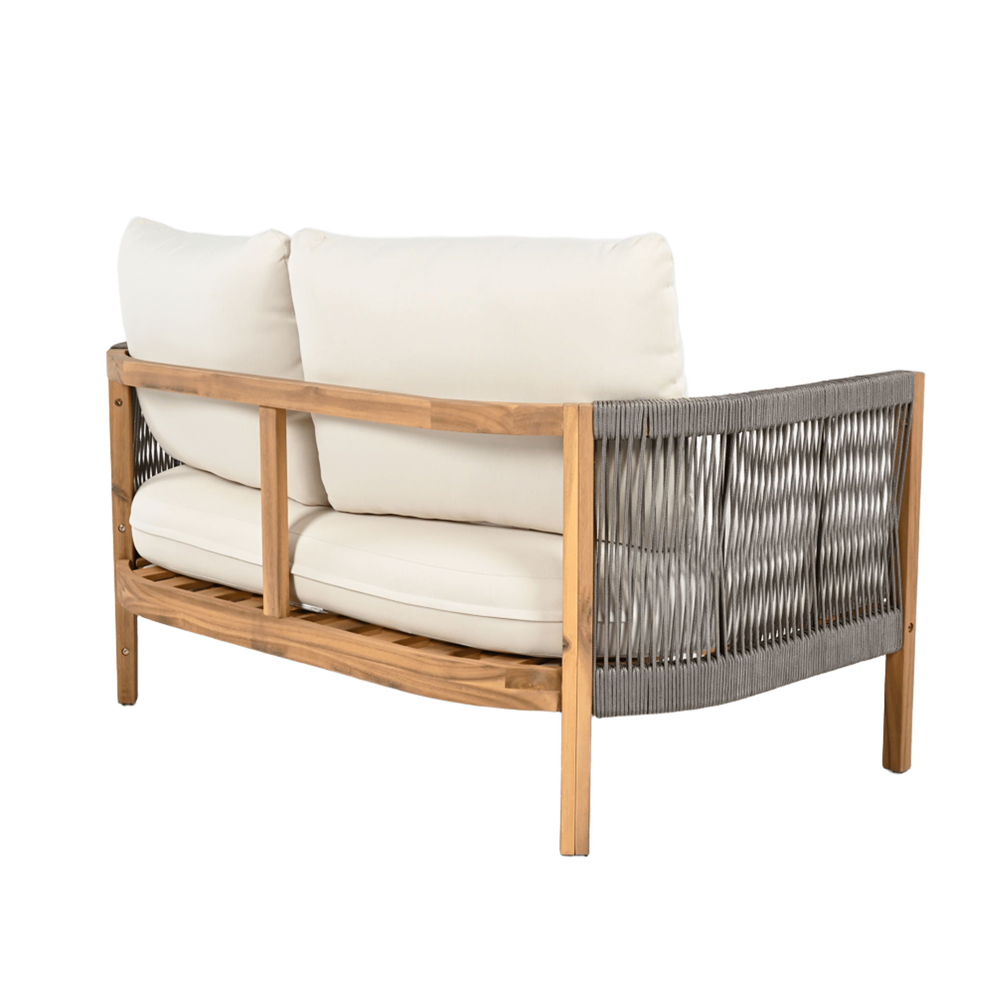 2 Pieces Outdoor Acacia Furniture Set, Woven Rope Outdoor Patio Loveseat, 2 Seat Deep Seating Group With Cushions And Coffee Table For Porch - Teak / Gray / Beige