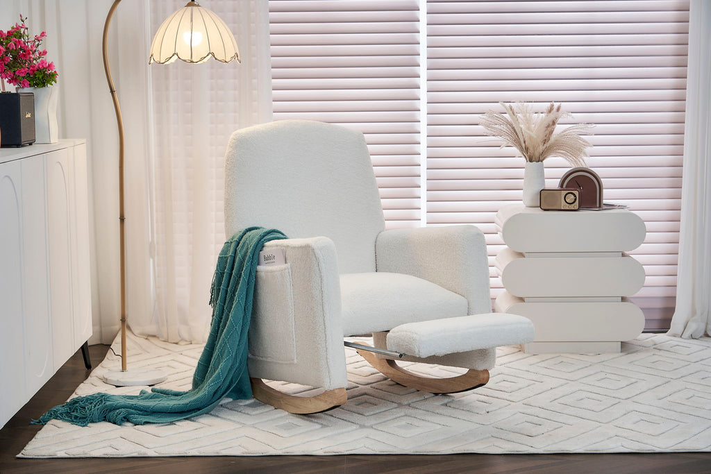 Teddy Fabric Nursery Rocking Chair With Adjustable Footrest - Ivory