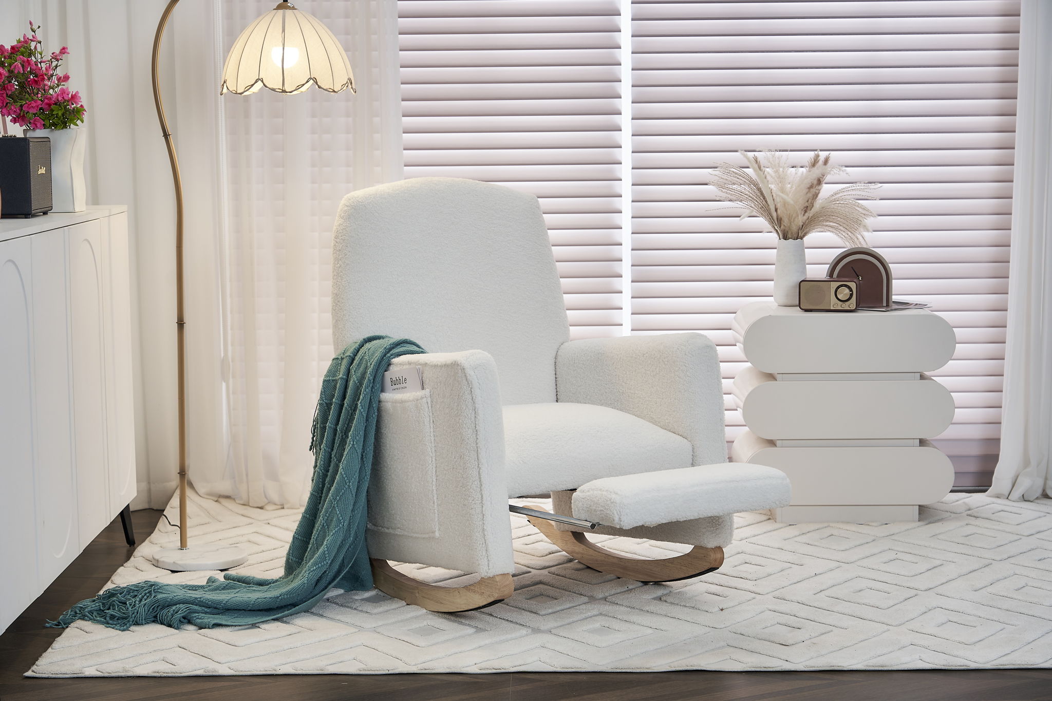 Teddy Fabric Nursery Rocking Chair With Adjustable Footrest - Ivory