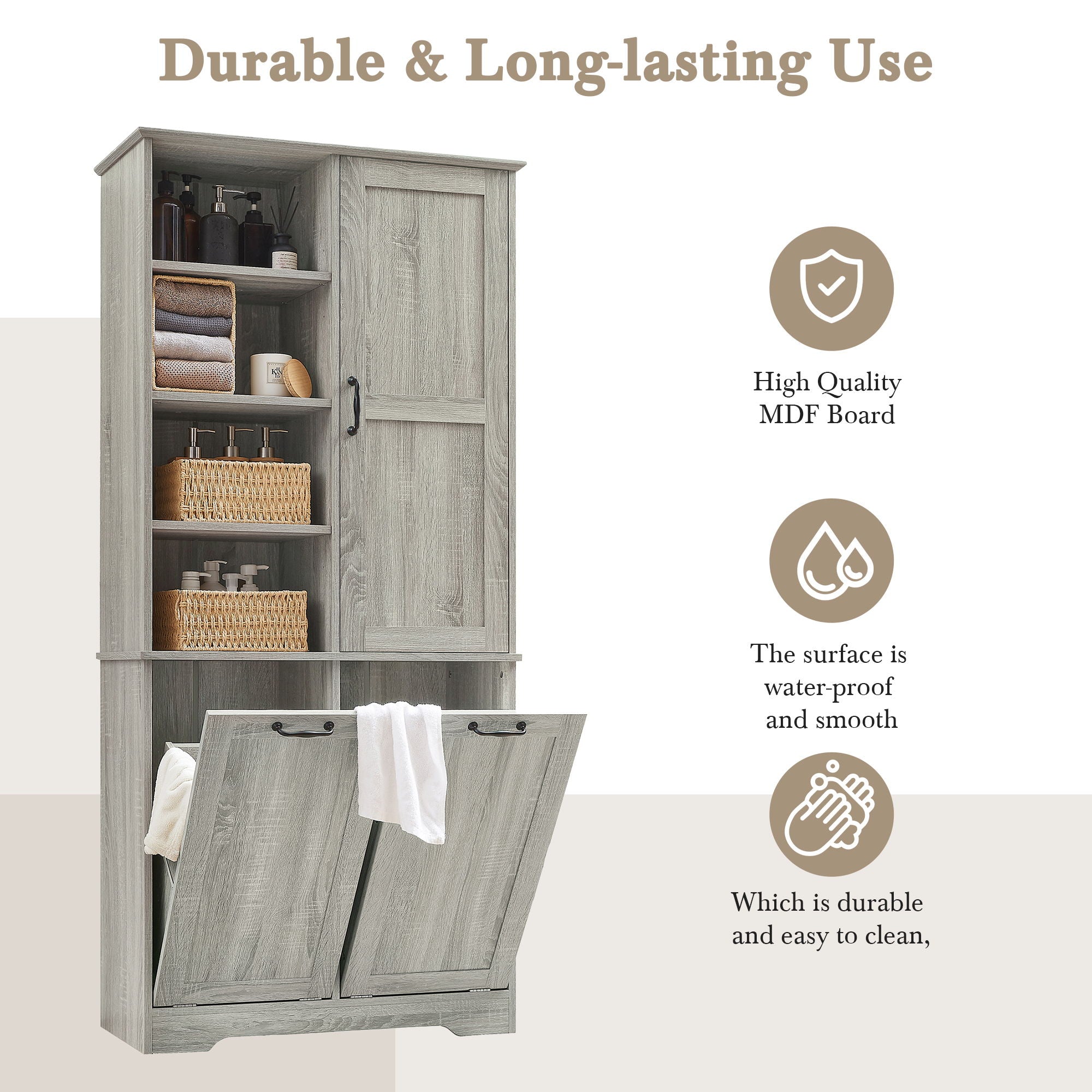 Freestanding Bathroom Storage Cabinet With Doors And Drawers, Adjustable Shelves, Tilt-Out Laundry Hamper