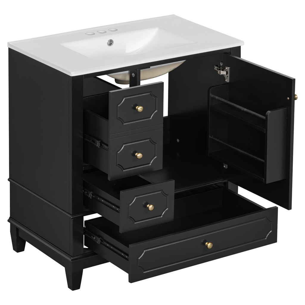 Bathroom Vanity With Sink, Freestanding Vanity Cabinet With Ceramic Basin, Soft Close Door, 3 Drawers