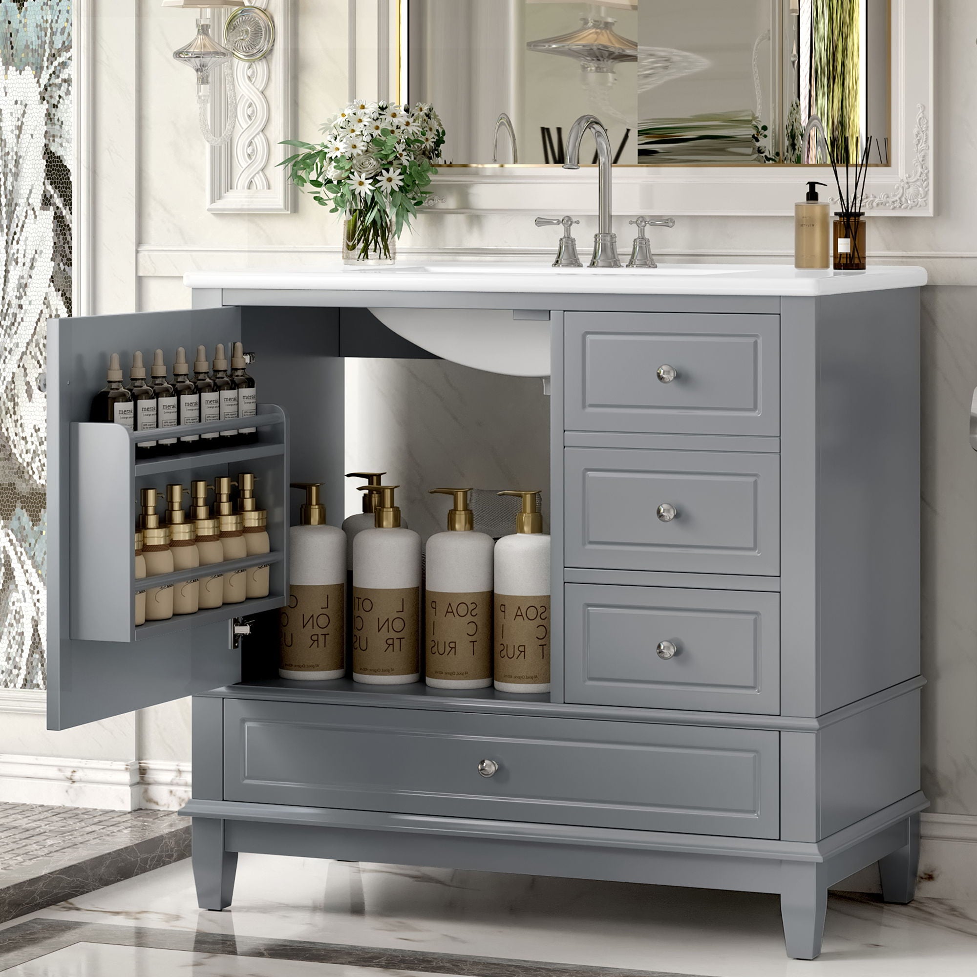 Modern Bathroom Vanity With Sink, 3 Drawers & Cabinet
