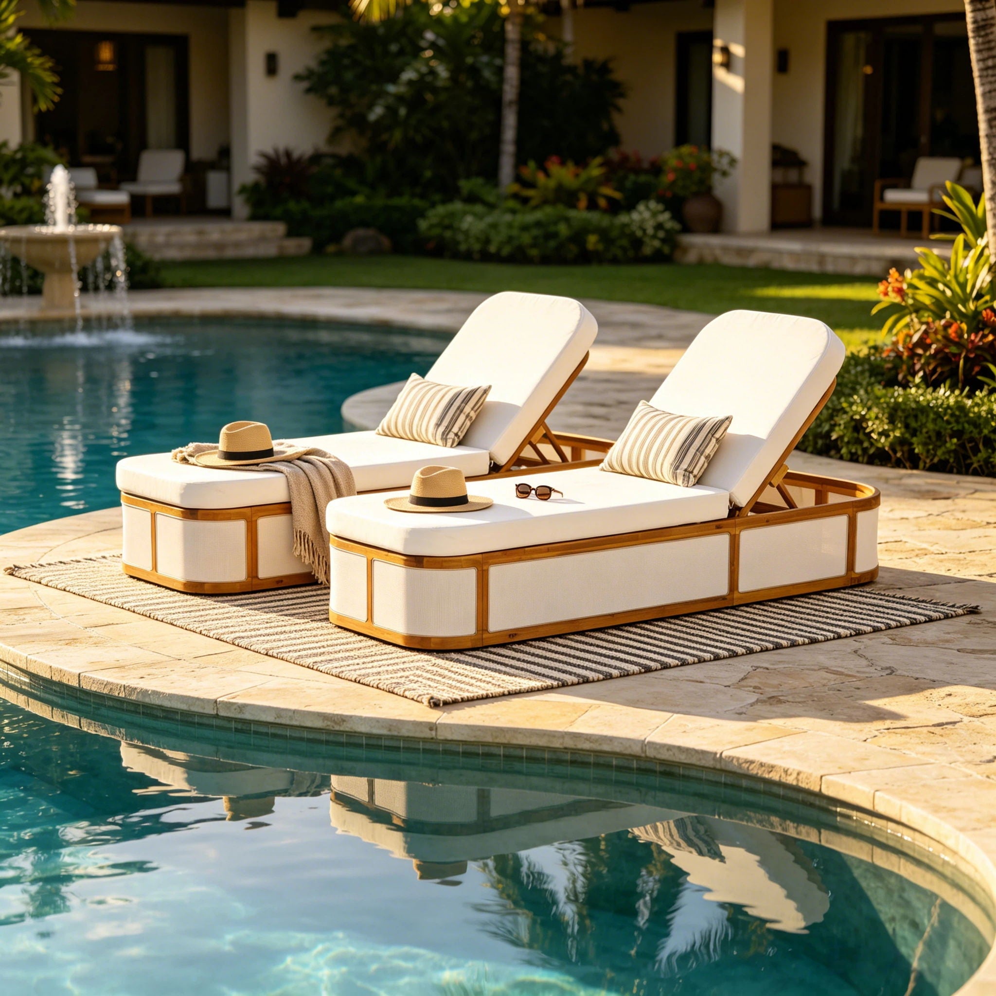 Chaise Lounge Set With 2 Fold Cushion, 3 Position Backrest - Beige / Cream / Teak