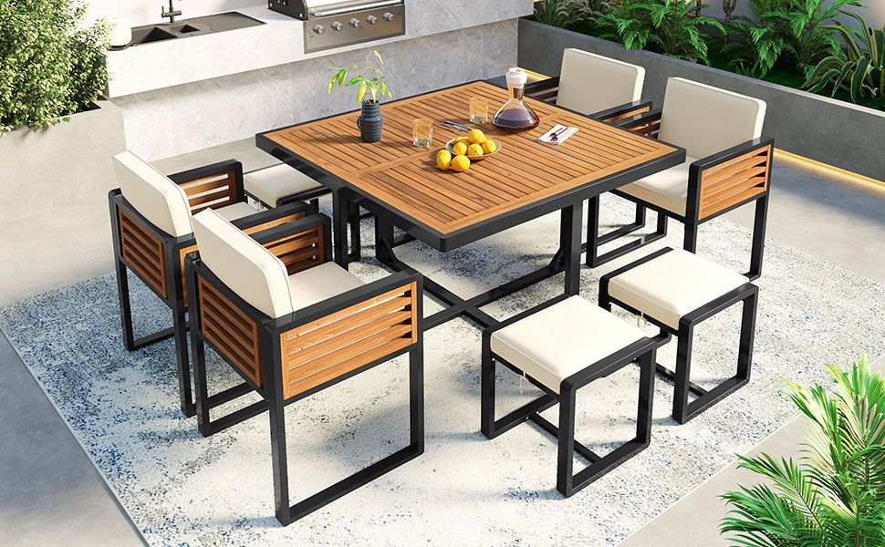 Acacia Wood Patio Dining Set, Cushioned Chairs & Ottomans Square Table