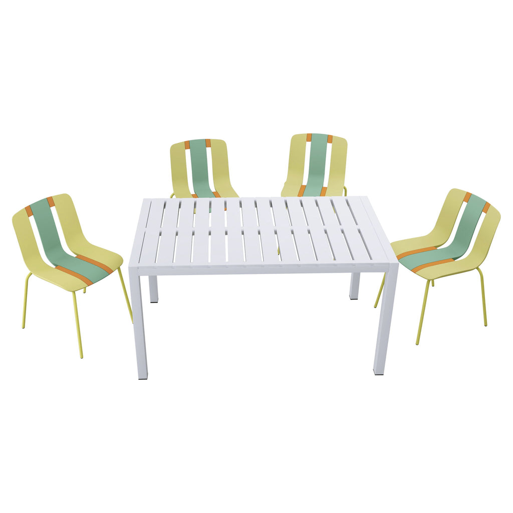 4 Piece Set Of Striped Color Blocking Single Chairs & Long Table - Grain Yellow / Haze Green / Tropical Orange / White