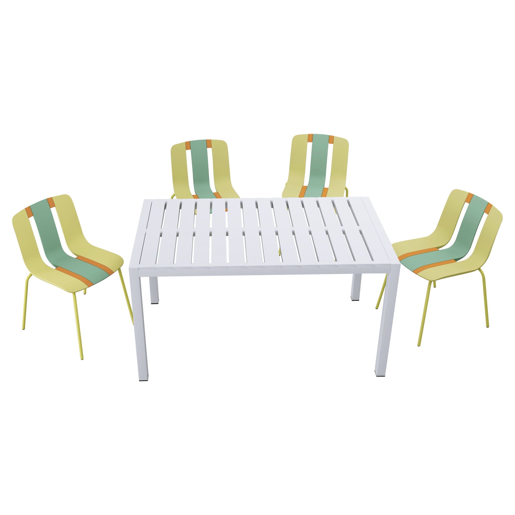 4 Piece Set Of Striped Color Blocking Single Chairs & Long Table - Grain Yellow / Haze Green / Tropical Orange / White