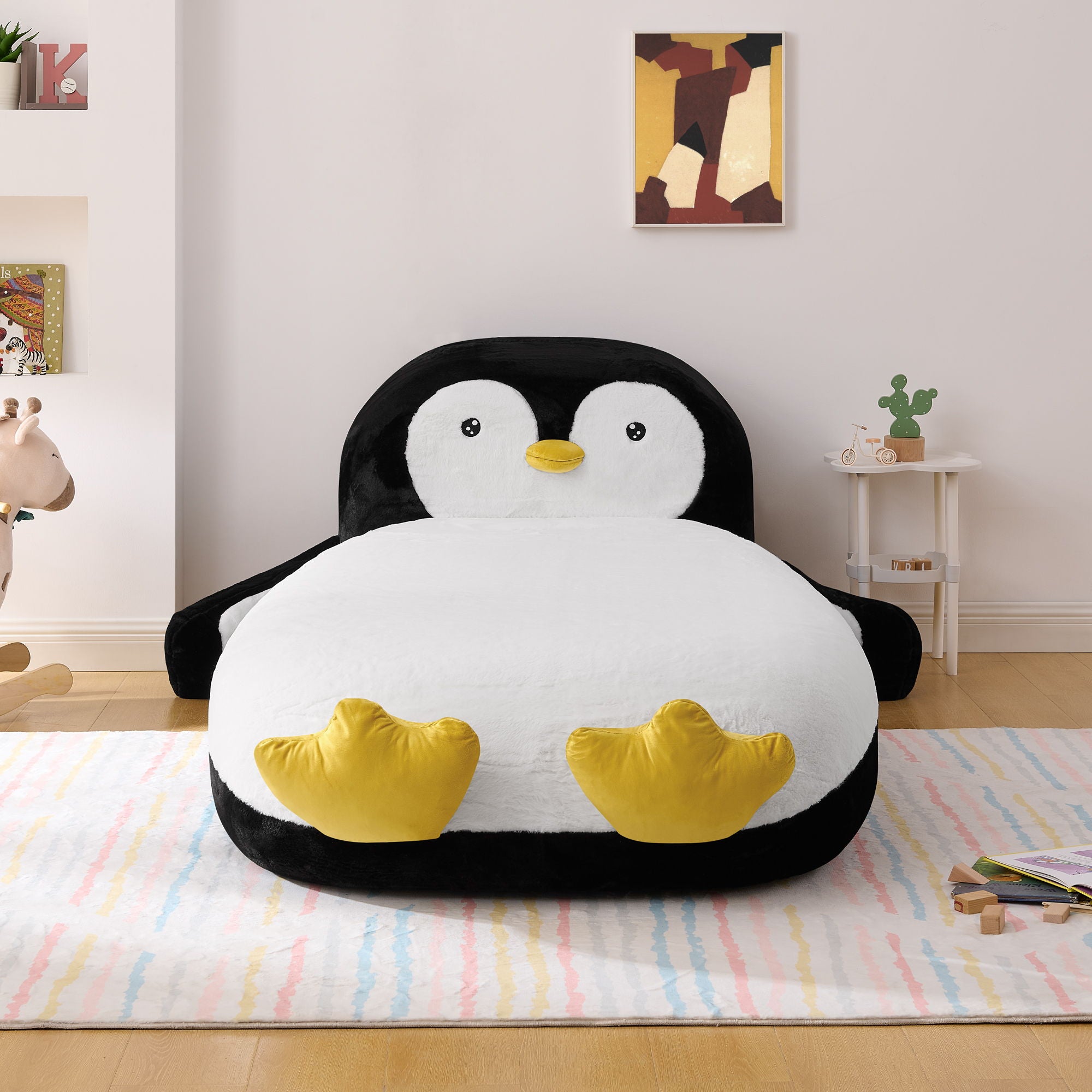 Twin Size Penguin Shaped Bed, Lounger Chair For Kids Bedroom - White / Black