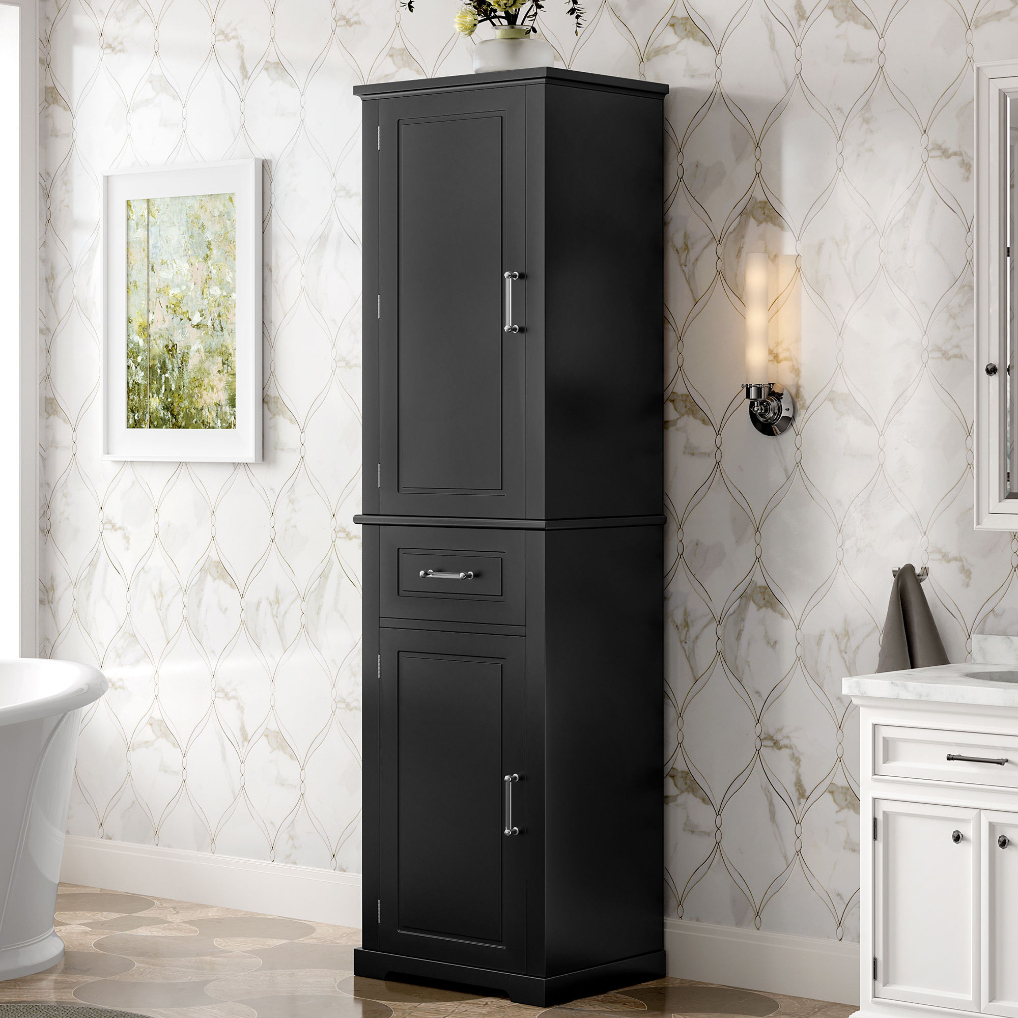 Tall Freestanding Bathroom Storage Cabinet With Adjustable Shelf, 2 Door Design