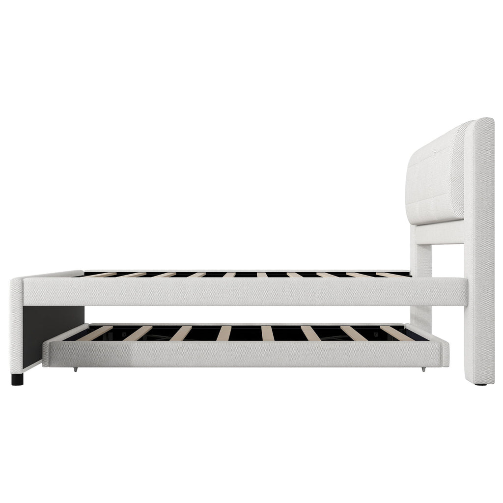 Upholstery Platform Bed With Trundle, Trundle Can Be Flat Or Erected