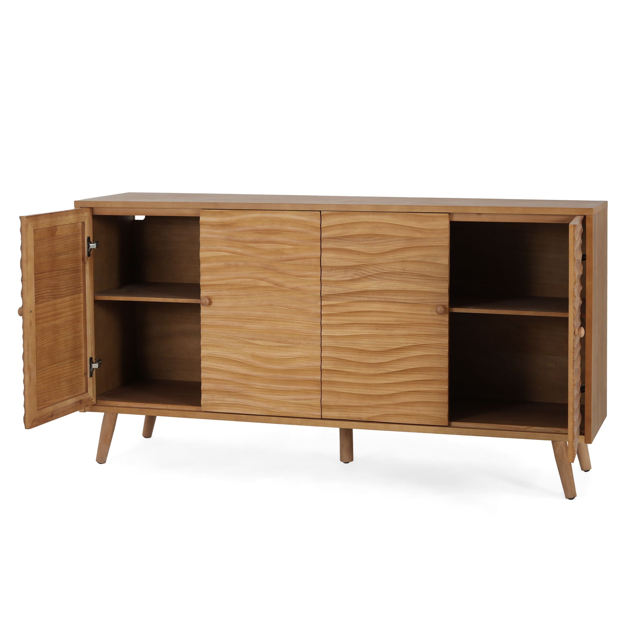 4 Door Sideboard, Wavy Pattern Doors, Adjustable Shelves - Natural