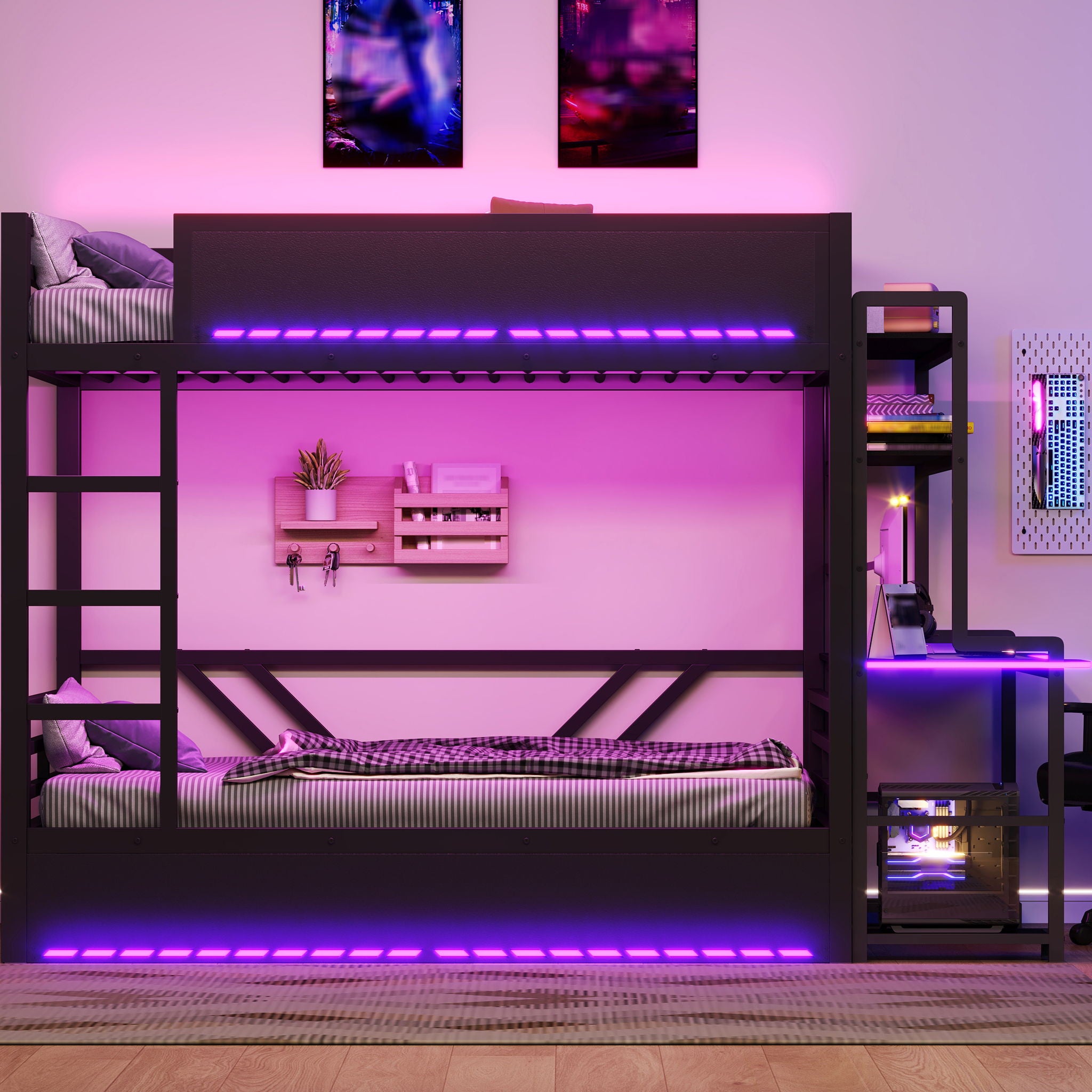 Full Gaming Bunk Bed With Desk, Two Storage Shelves And LED Light - Black