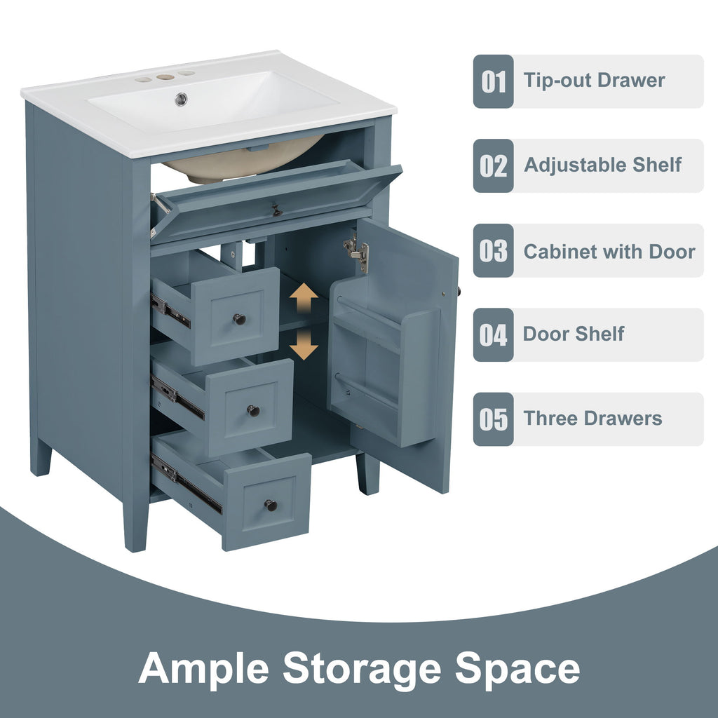 Bathroom Vanity With Sink, 3 Drawers & Cabinet With Adjustable Shelves