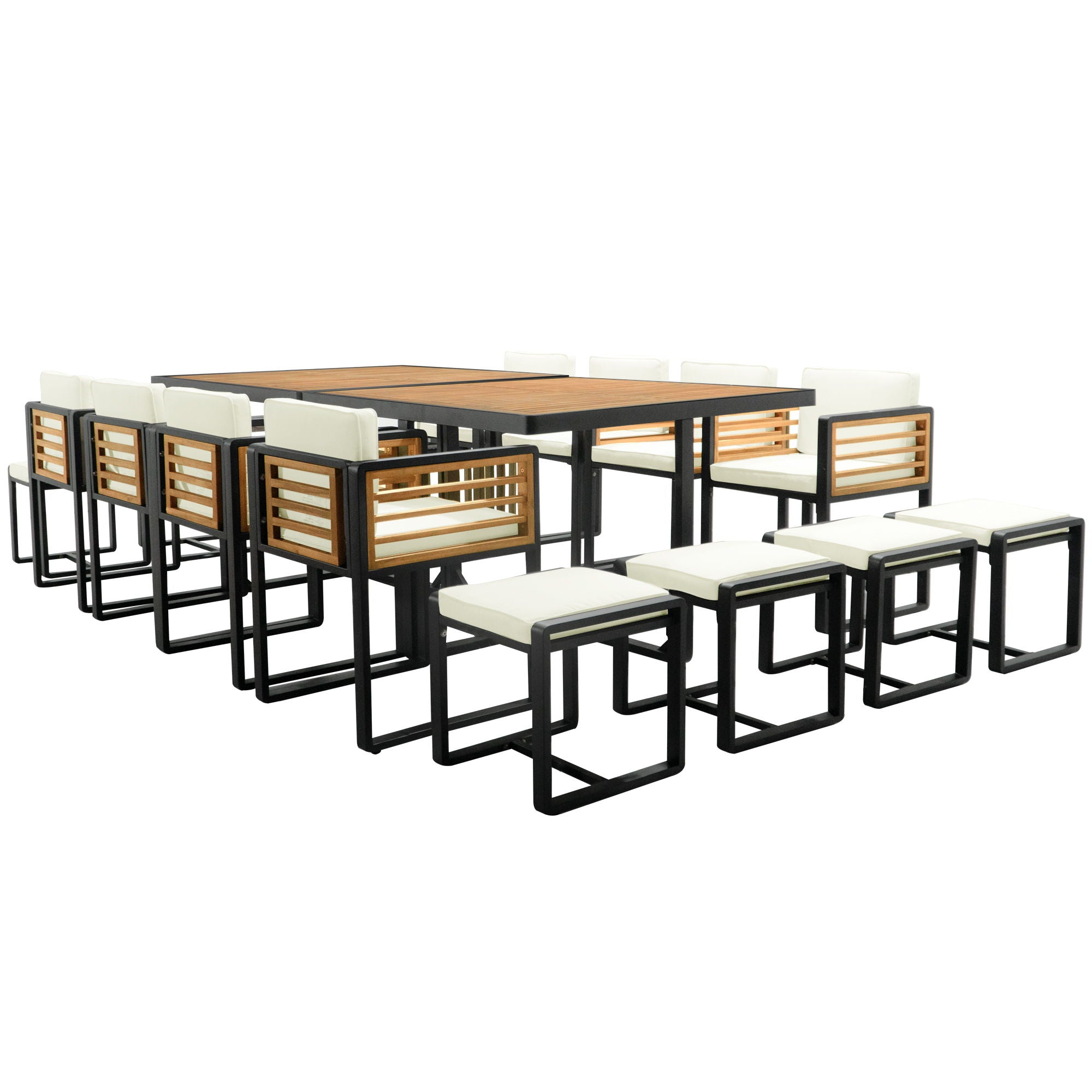 Acacia Wood Patio Dining Set, Cushioned Chairs & Ottomans Square Table