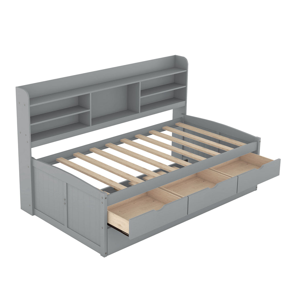 Captain Bed With Built In Bookshelves, 3 Storage Drawers, And Trundle