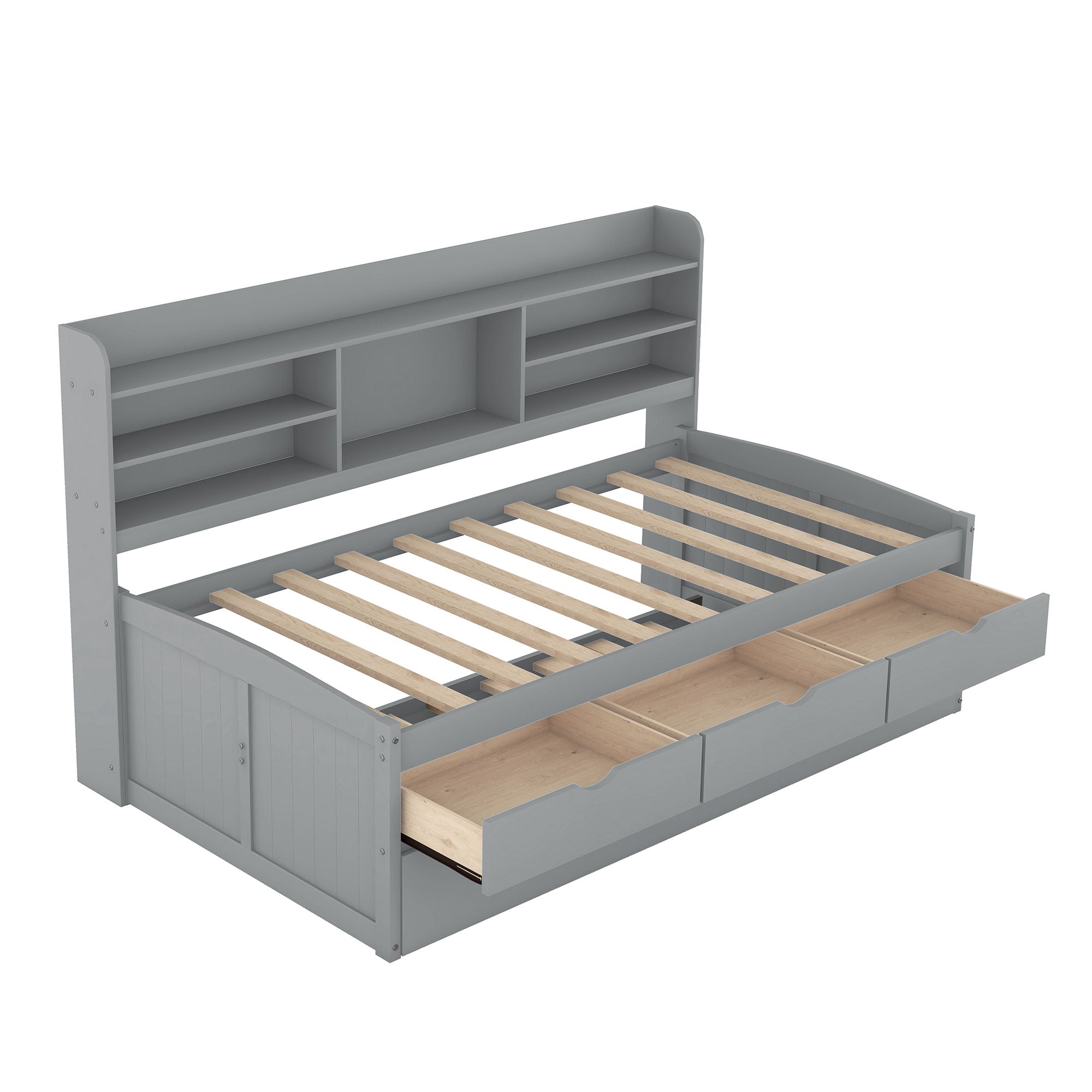 Captain Bed With Built In Bookshelves, 3 Storage Drawers, And Trundle
