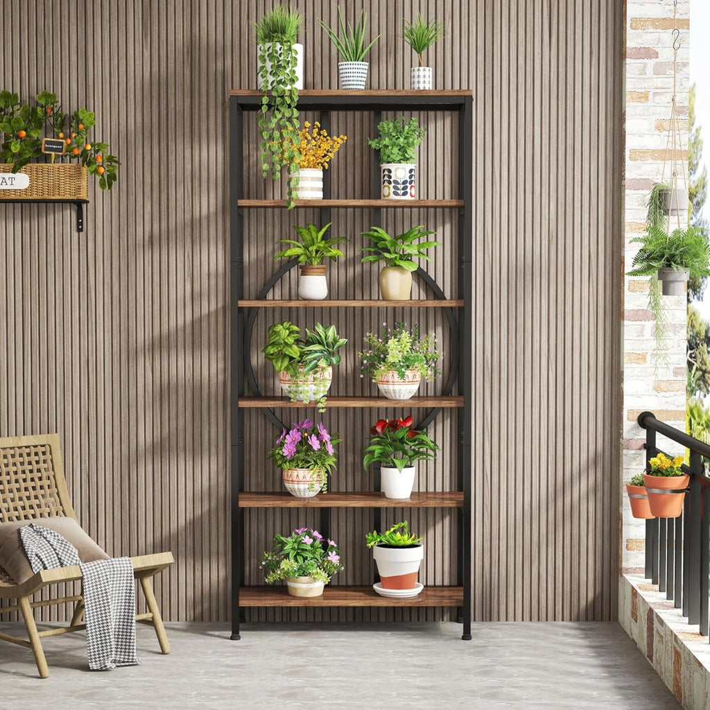 6 Tier Bookshelf For Living Room - Rustic Brown