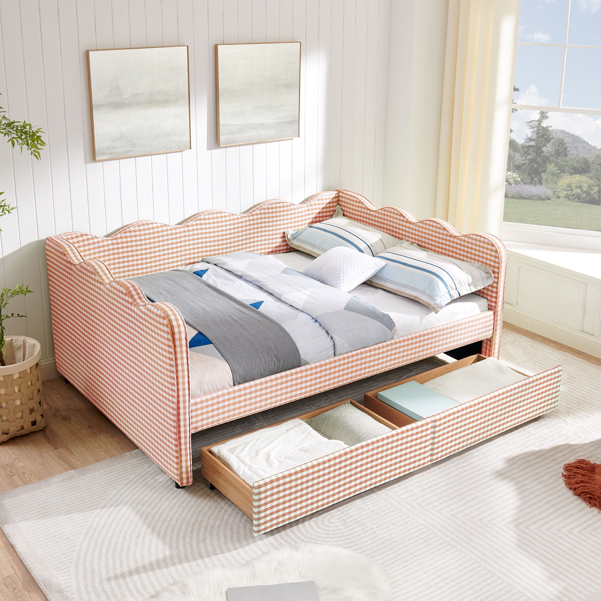 Gingham Daybed & USB Charging Port, Wave-Shaped Design