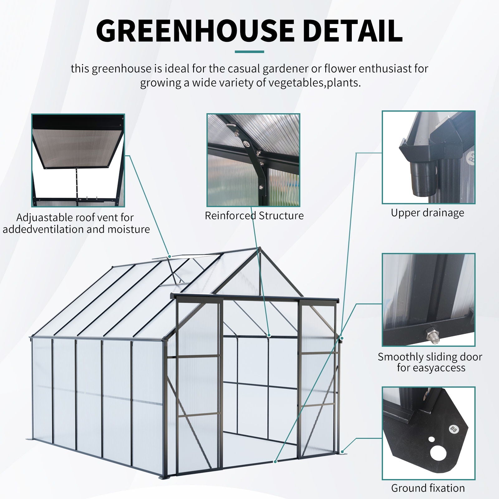Double Door Polycarbonate house Raised Base And Anchor Aluminum Heavy Duty Walk In houses For Outdoor Backyard In All Season