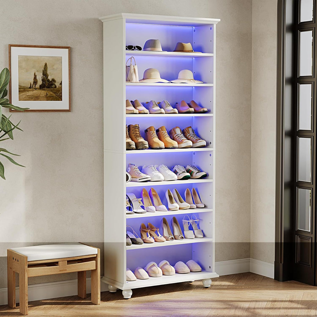 8 Tier Led Illuminated Shoe Cabinet With Adjustable Shelves, Storage Rack For 26 Pairs - White
