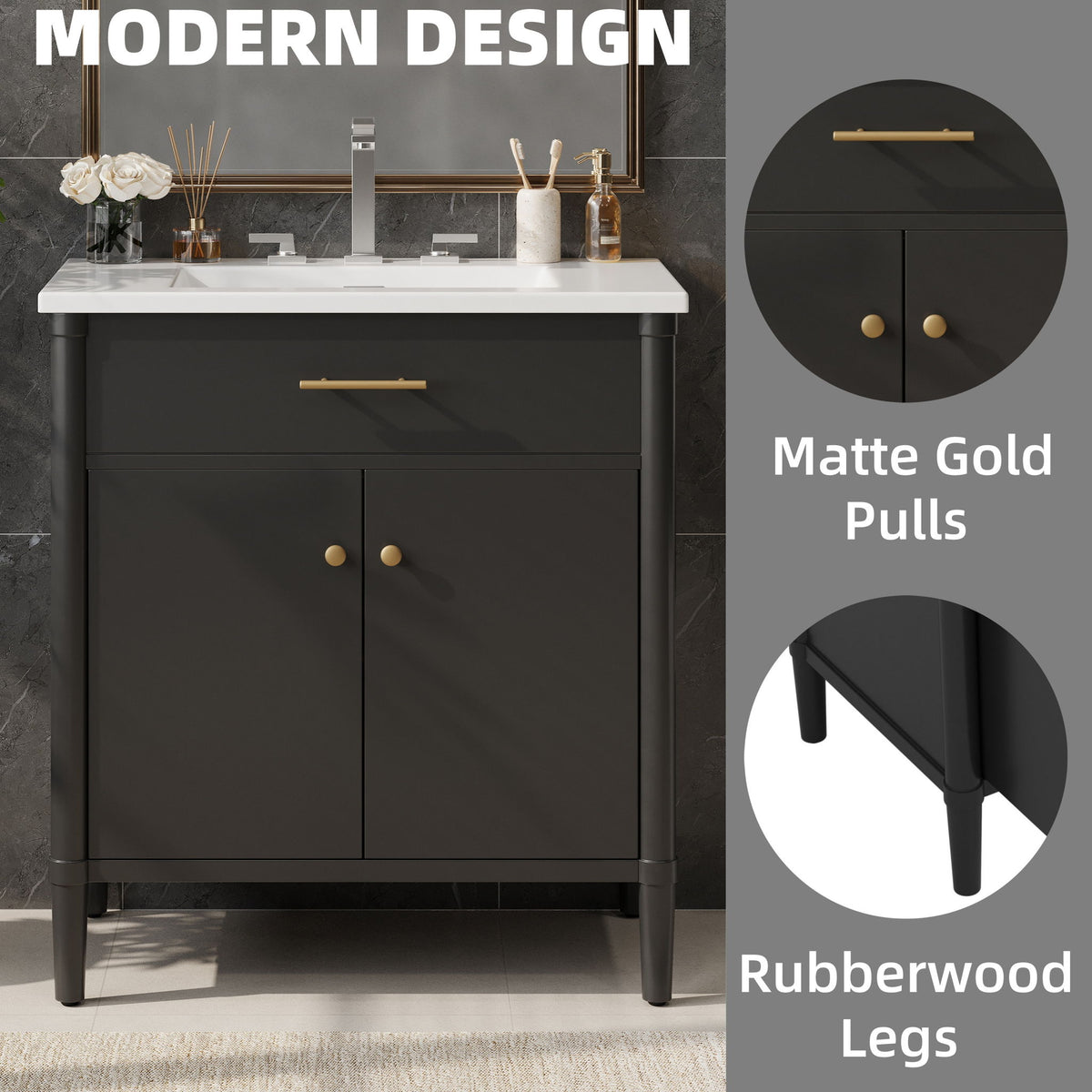 Bathroom Vanity With Sink, Soft Close Doors And Adjustable Shelf