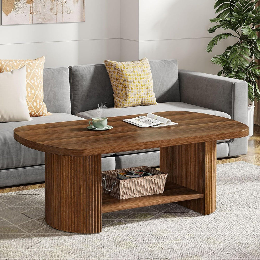 2 Tier Oval Coffee Table With Storage Shelf For Living Room - Rustic Brown