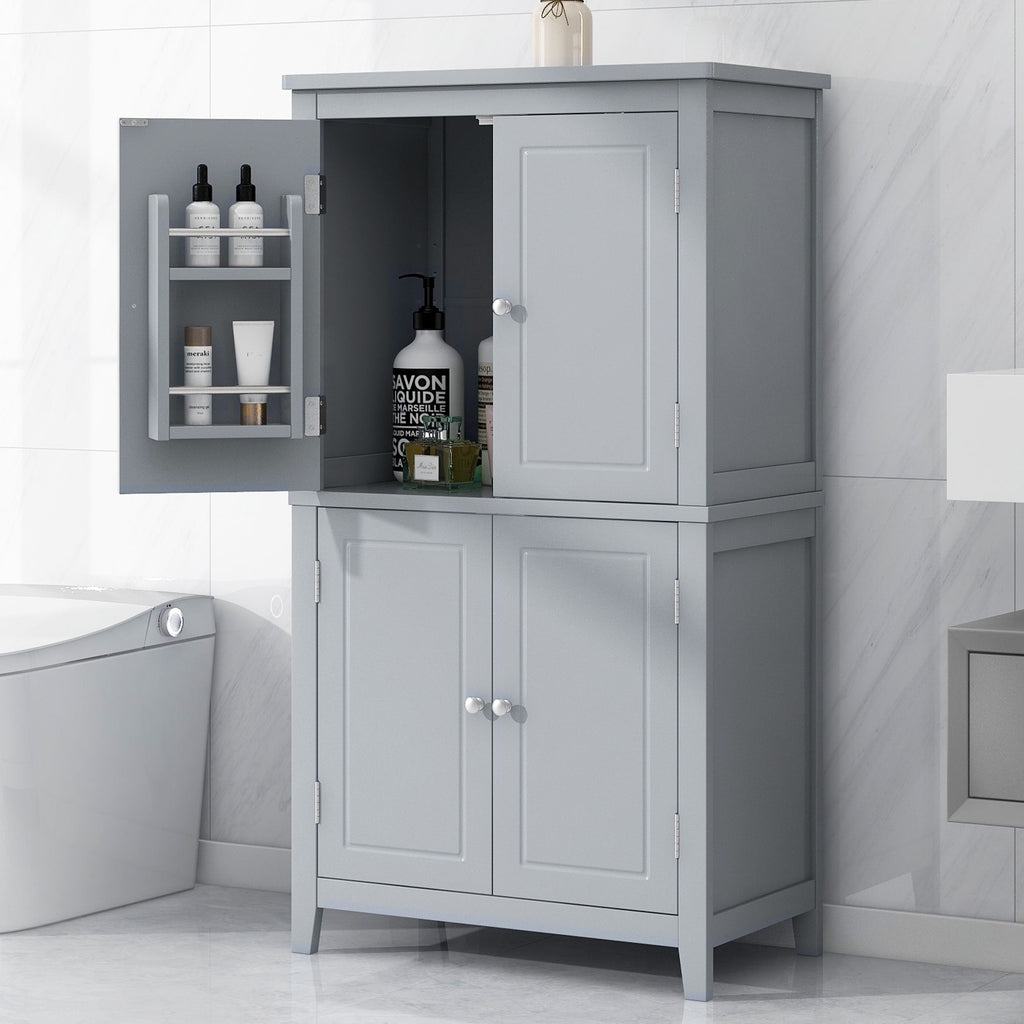 Elegant Bathroom Floor Storage Cabinet With 4 Doors, Adjustable Shelves