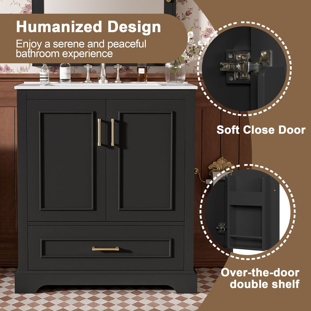 Bathroom Vanity With Sink, 1 Divided Drawer And 2 Soft Close Doors With Double Shelf