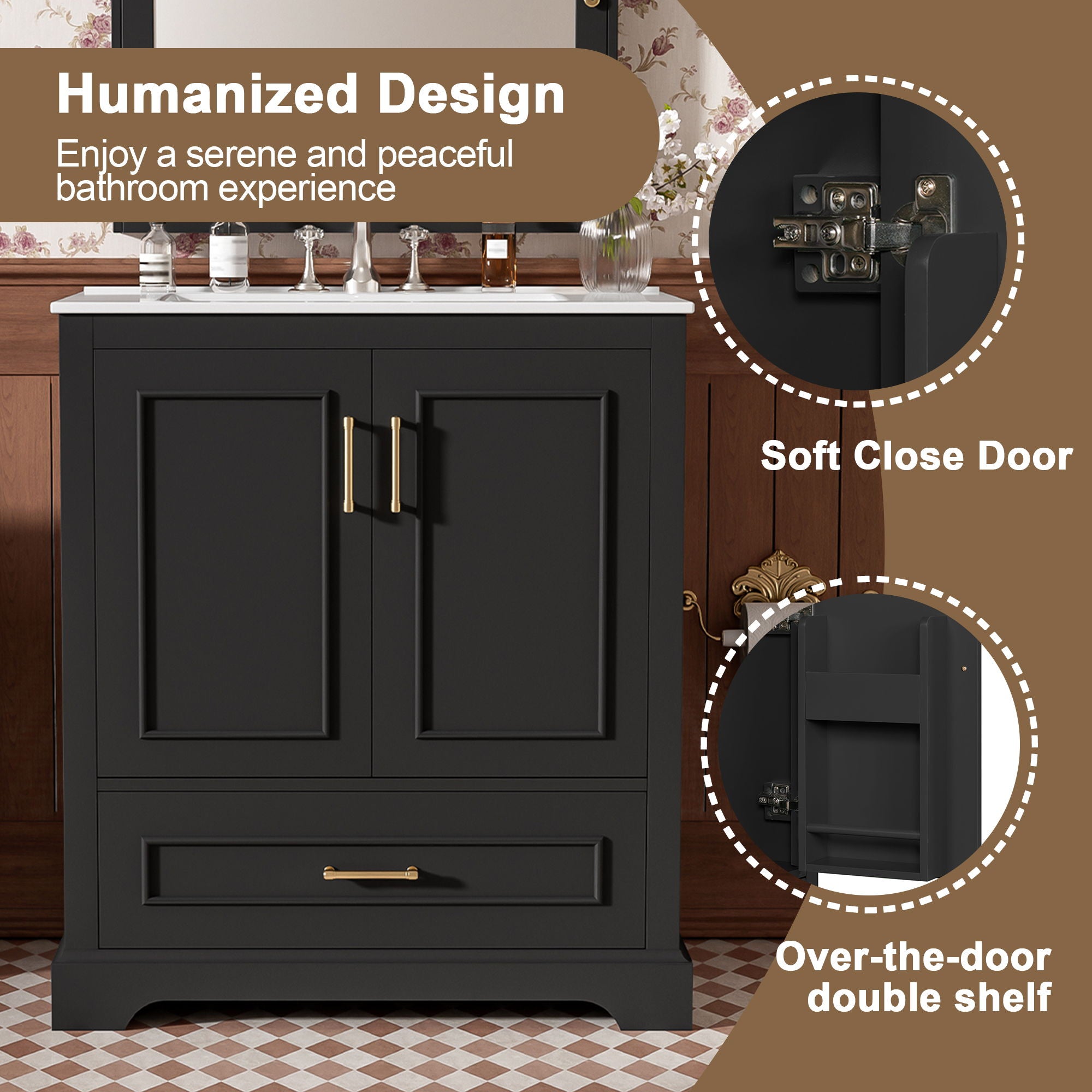 Bathroom Vanity With Sink, 1 Divided Drawer And 2 Soft Close Doors With Double Shelf