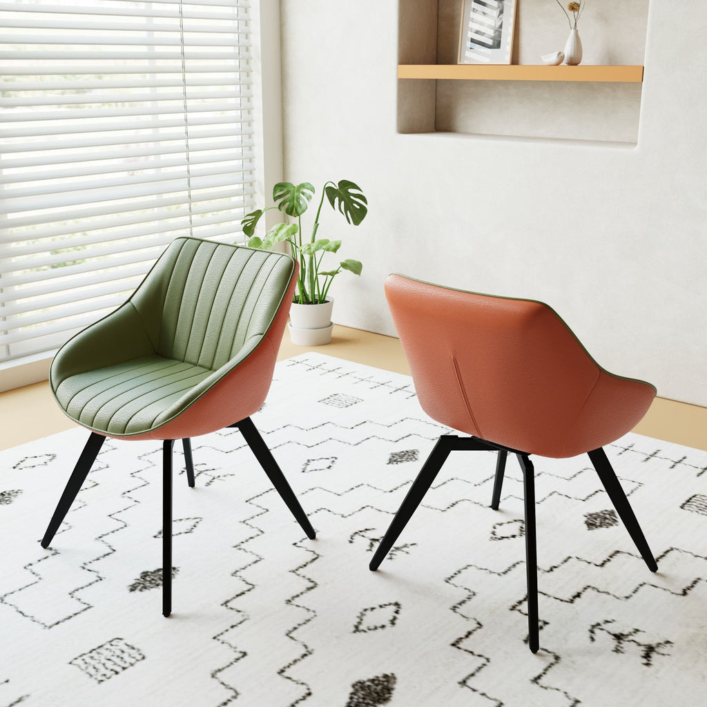Medieval - Modern Kitchen Dining Chairs (Set of 2) With Black Metal Legs 360° Rotate - Green / Orange