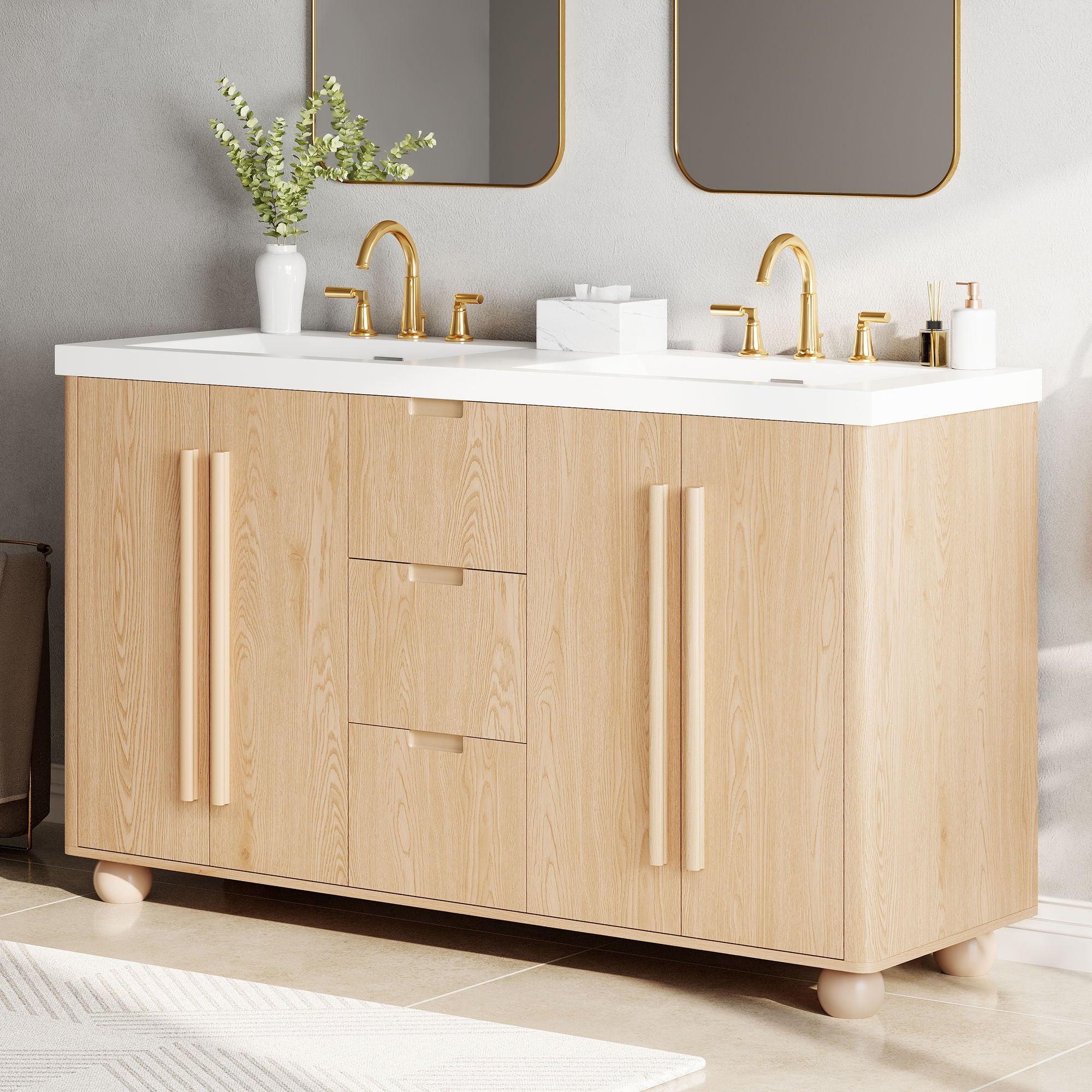 Double Sink Bathroom Vanity With Sinks, Soft Close Doors & 3 Drawers - Wood