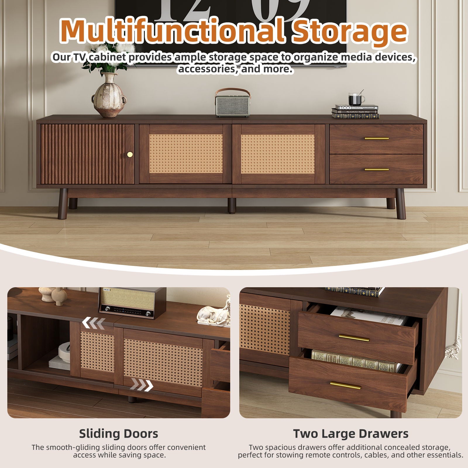 TV Stand For 80" TVs With Sliding Doors And Drawers, Accent Storage Unit - Dark Brown