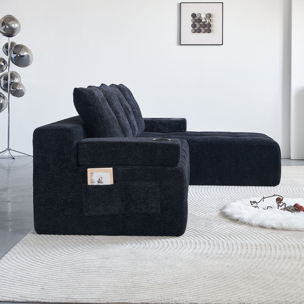 L - Shaped Sectional Sofa With Side Pockets, Wireless Charging, USB Ports, Cup Holder, Bluetooth Speaker, Reversible Lounge Chaise - Black