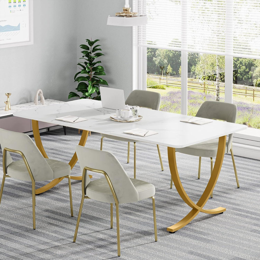 Large Rectangular Dining Table Kitchen Table With Geometric Legs - White / Gold