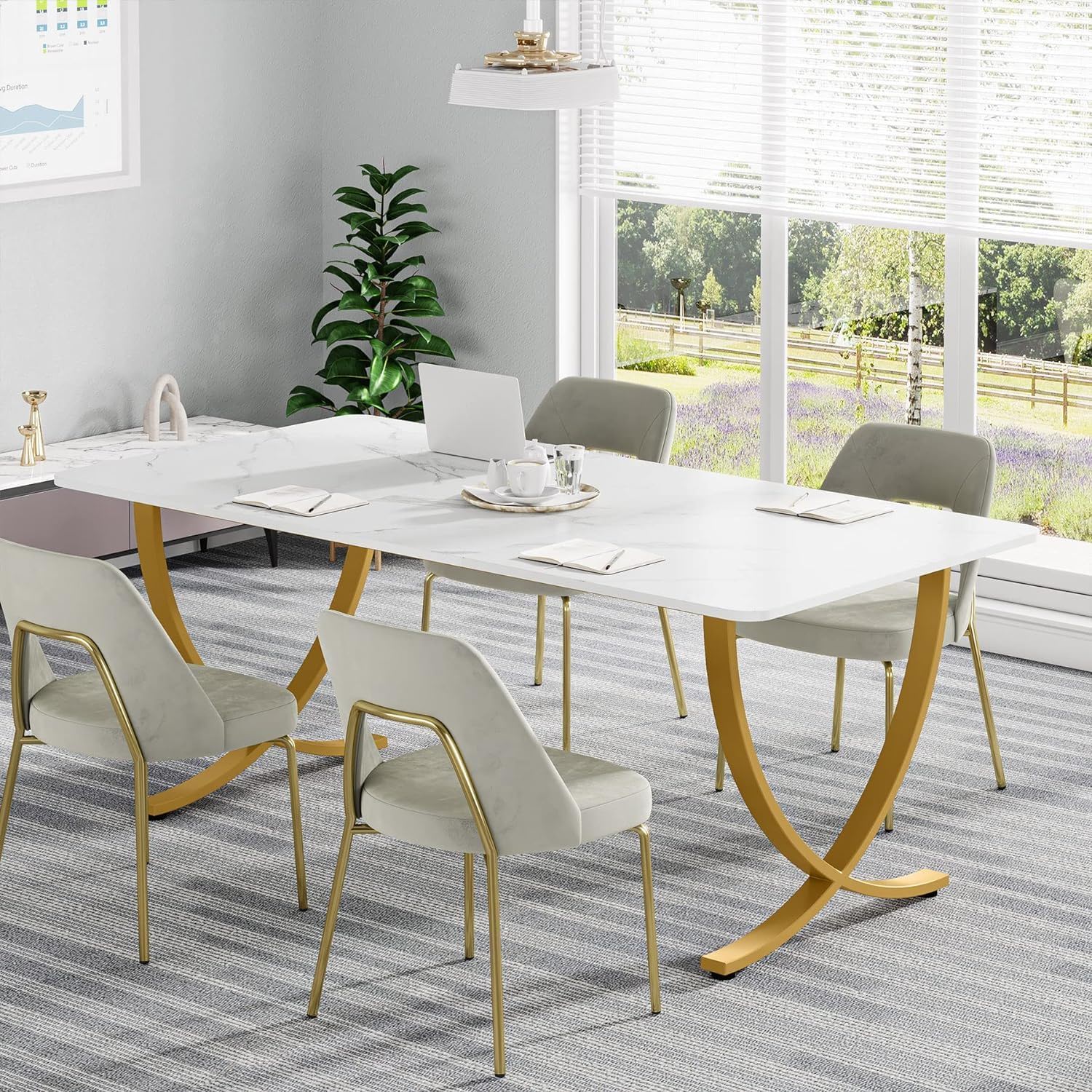 Large Rectangular Dining Table Kitchen Table With Geometric Legs - White / Gold