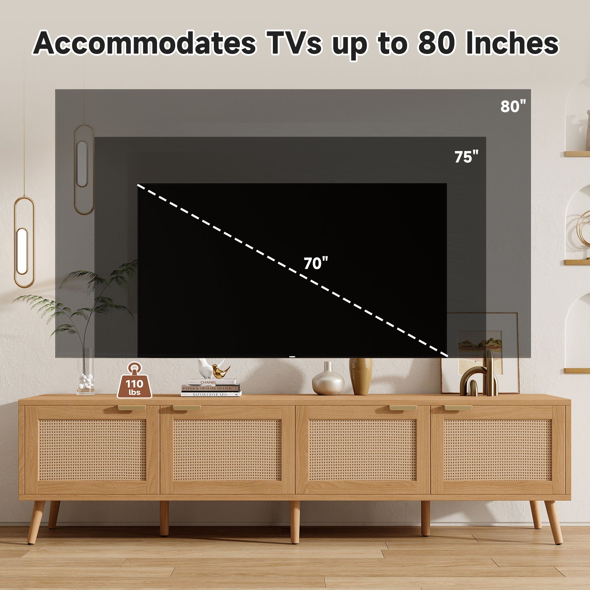 TV Stand With Storage & Cable Holes - Natural Wood