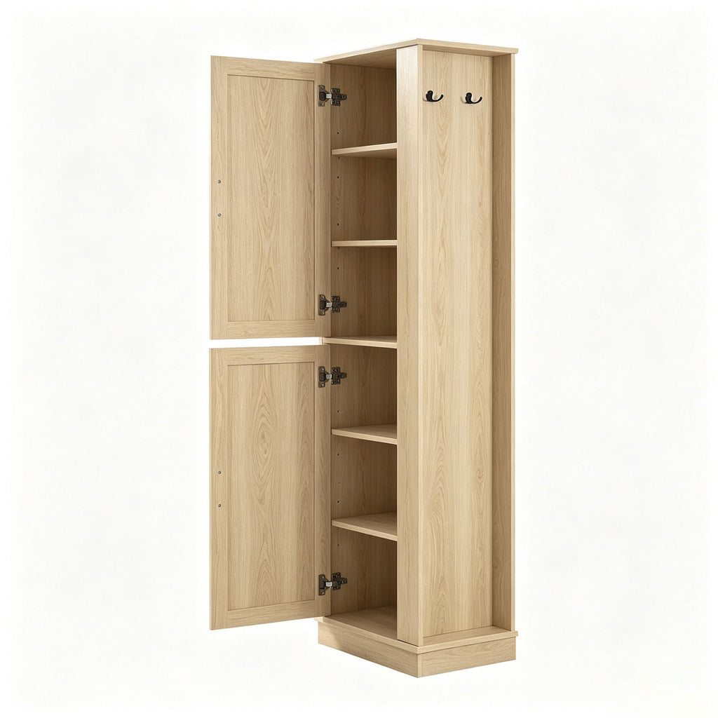 Tall Freestanding Bathroom Storage Cabinet With Adjustable Shelves And Side Hooks