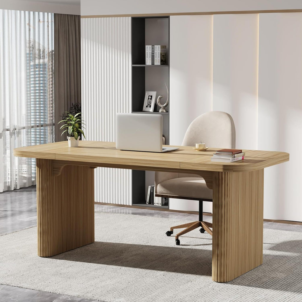 Executive Desk, Large Home Office Computer Workstation With Sturdy Double Pedestal Base, Simple Rectangular Writing & Study Table - Natural Wood