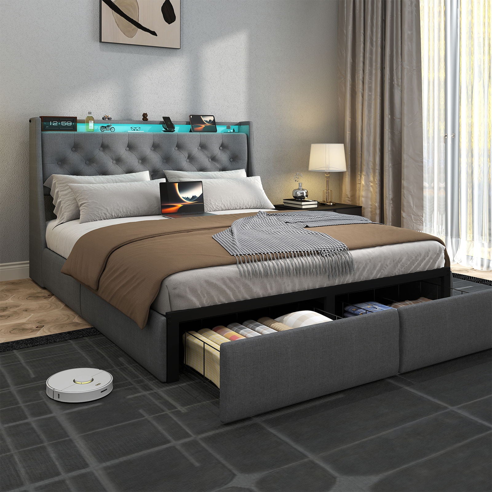 Floating Bed Frame With Rgb LED Light, 2 Storage Drawers & Headboard Shelf