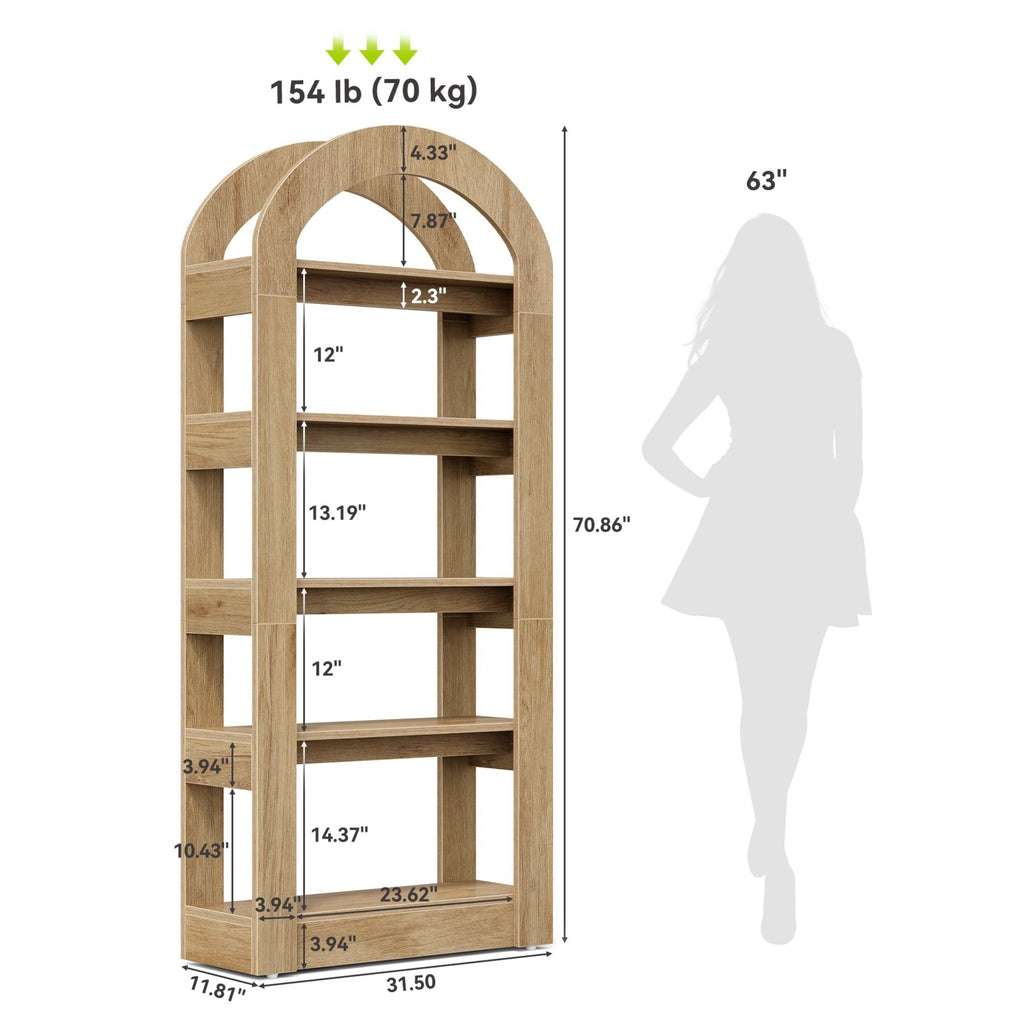 Arched 5 Tier Bookshelf, Deep Storage - Teak
