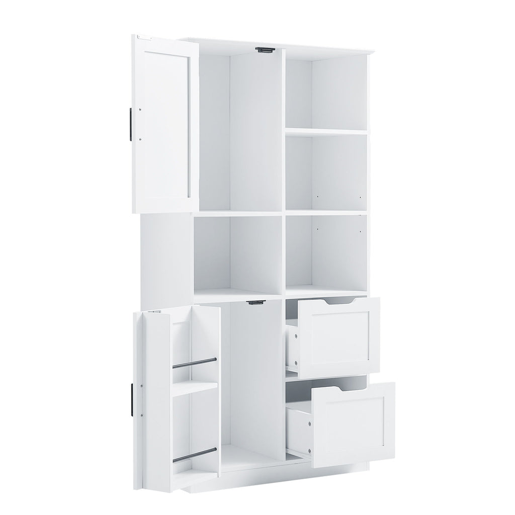 Freestanding Bathroom Storage Cabinet With Doors And Drawers, Adjustable Shelf, Open Shelves - White